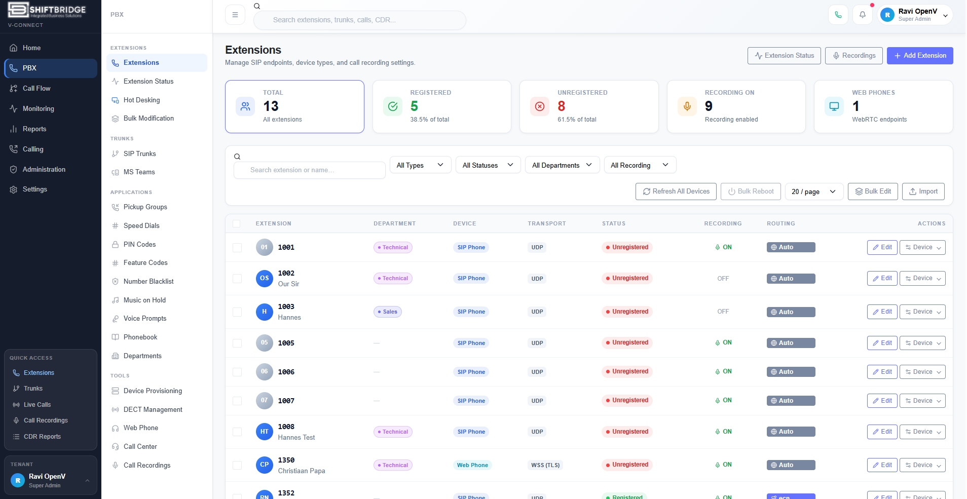V-Connect Extensions management screen for SIP endpoints, device types, departments and call recording